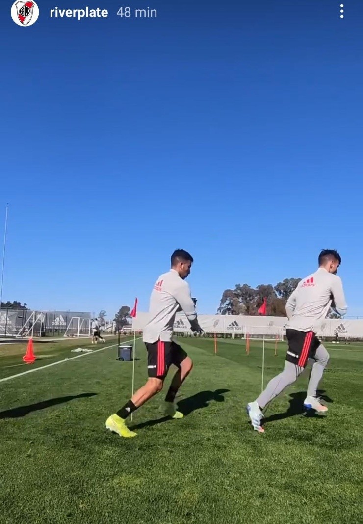 Suárez y Salomoni entrenado en el River Camp este martes (captura)