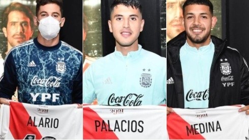 Alario, Palacios y Medina, tres de los ex River que recibieron un Manto Sagrado personalizado como regalo en la visita de la Selección Argentina al Monumental.
