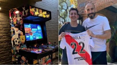 Javier Pinola compró una máquina impresionante de arcade personalizada y le regaló al que la hizo su camiseta de River firmada.