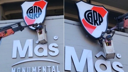 El nuevo escudo del Estadio Monumental, ya instalado sobre los accesos de Av. Figueroa Alcorta.