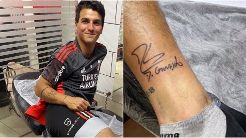 Enzo Evangelista decidió inmortalizar la firma del Muñeco en su pierna derecha.