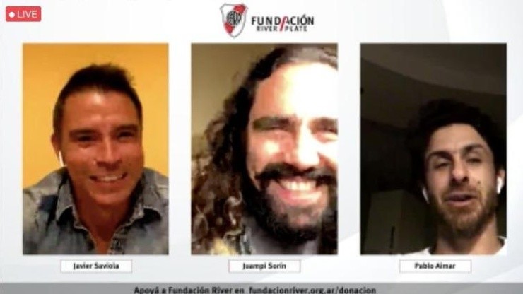Juan Pablo Sorín, Pablo Aimar y Javier Saviola, en una charla virtual solidaria