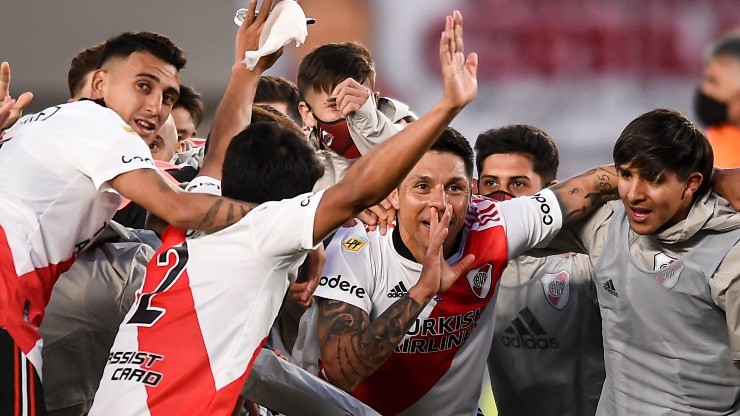 El festejo de los jugadores de River después de ganar el último superclásico en el Monumental.