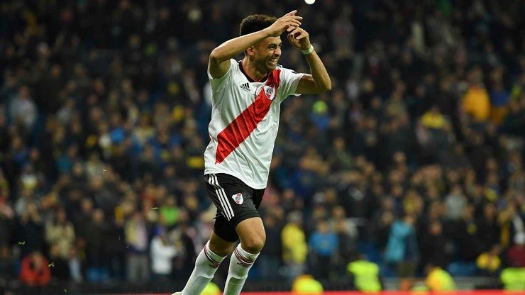 Gonzalo Martínez celebra el tercer gol ante Boca en la final de la Libertadores 2018.