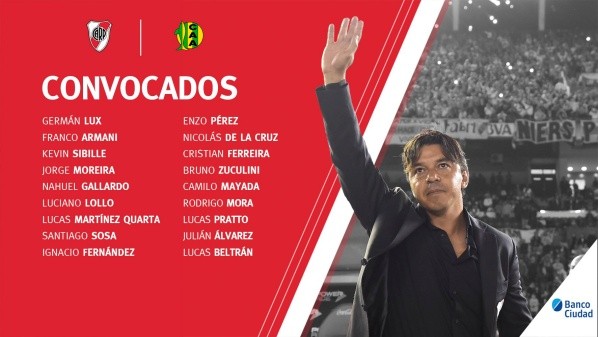 Los convocados ante Aldosivi. (Foto: Prensa River)