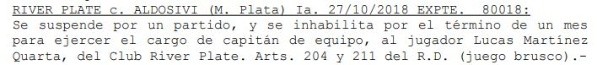 La sanción comunicada en el boletín del Tribunal de Disciplina de la AFA
