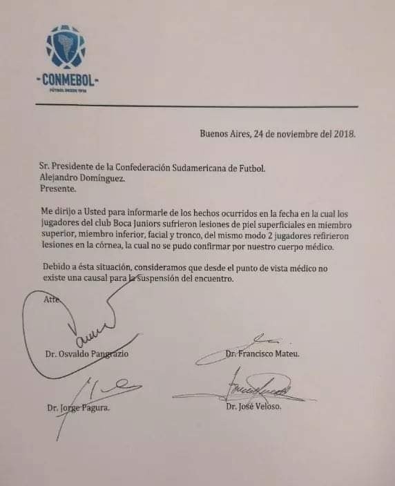 El comunicado del cuerpo médico de Conmebol tras asistir a los futbolistas de Boca.