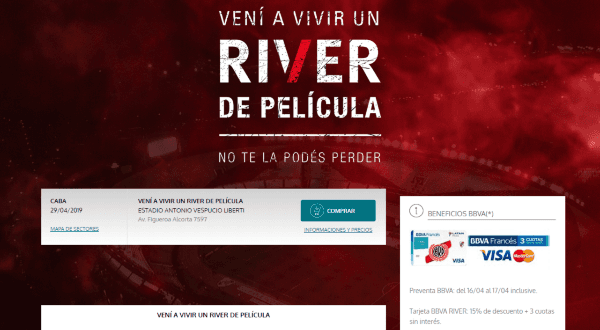 Con tu tarjeta BBVA River también podrás sacar la entrada en 3 cuotas sin interés.
