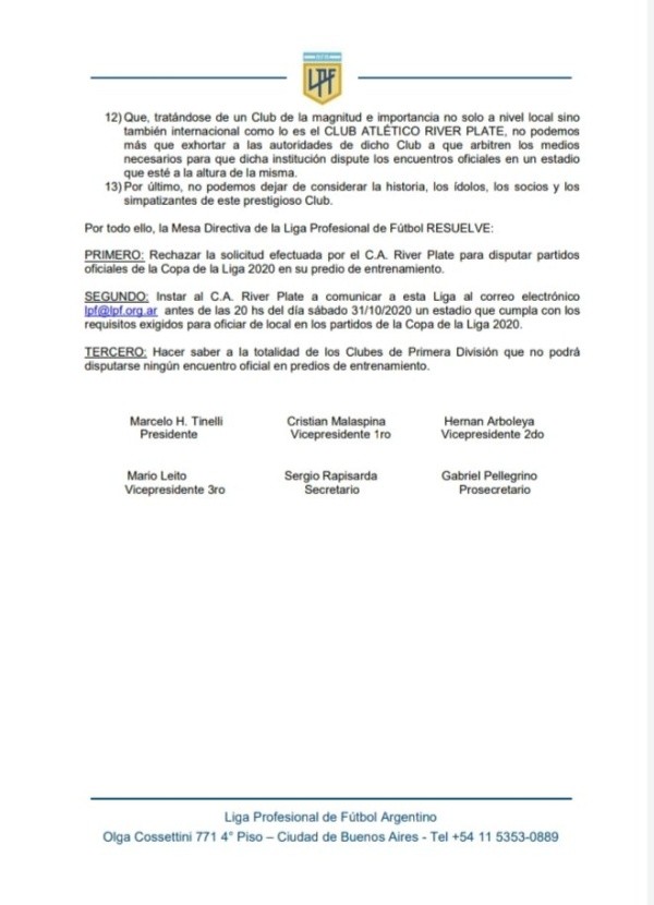 Comunicado LPF Comunicado LPF
