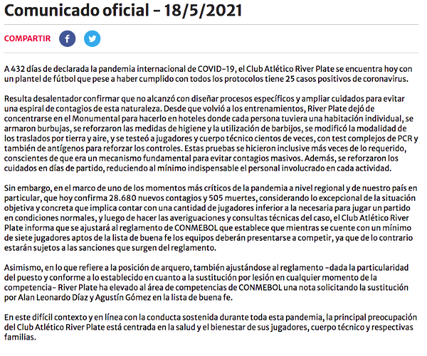 El comunicado oficial de River.