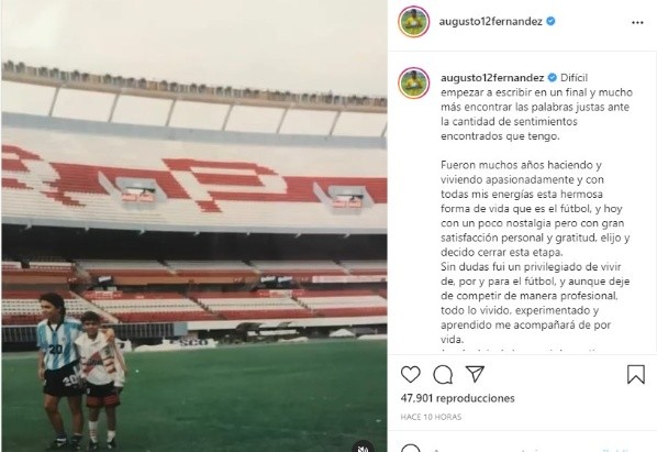 La despedida de Augusto Fernández en Instagram (Captura)