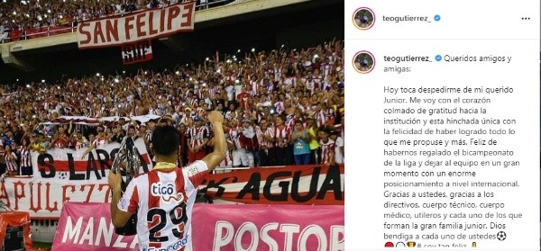 El mensaje de Teo Gutiérrez en su cuenta de Instagram (Captura)