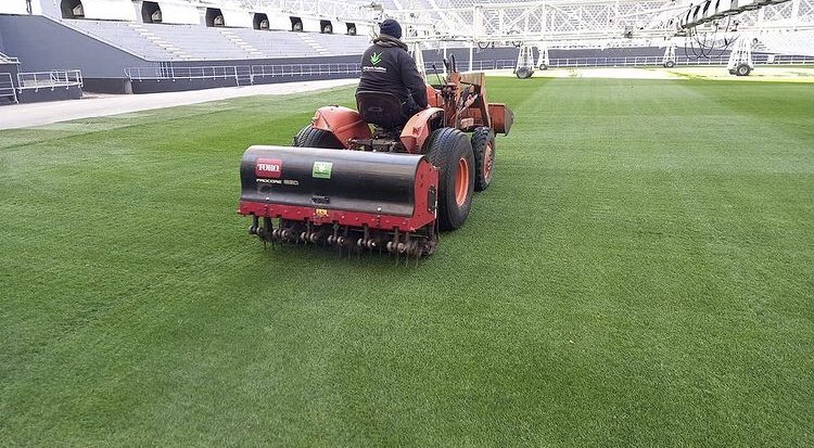 Esta mañana se cortó al ras el cesped del estadio (@GonzaPlotycia)