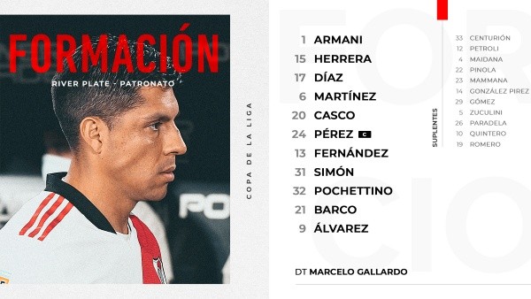 La formación de River para jugar con Patronato (@RiverPlate)