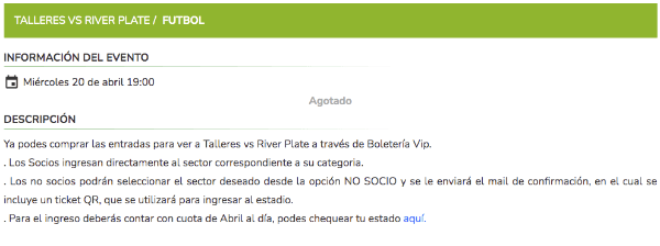 En el sitio web de Boletería Vip ya figuran agotados los tickets.