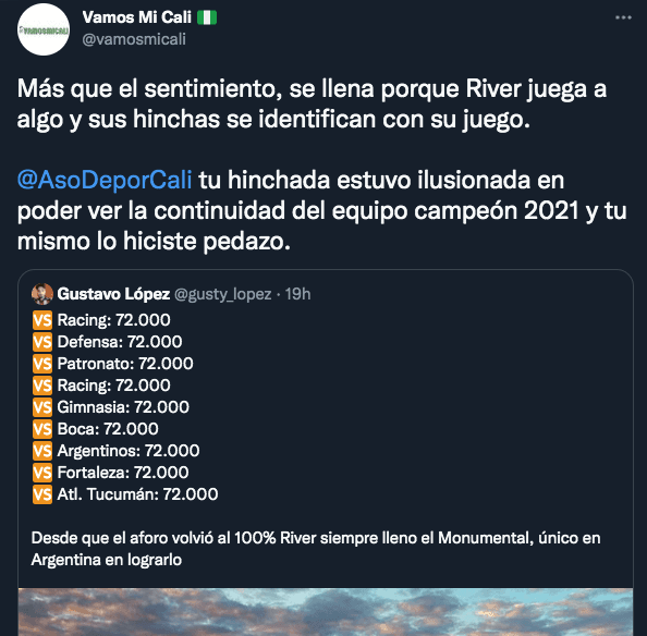 Un medio partidario de Deportivo Cali, también hablando del fenómeno River.
