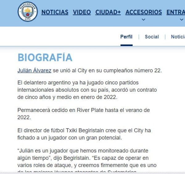 El escrito que puede verse en la página del City al darle click a la ficha de Julián.