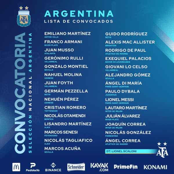 La lista de convocados de Argentina para la final con Italia, con Álvarez y Armani incluidos.