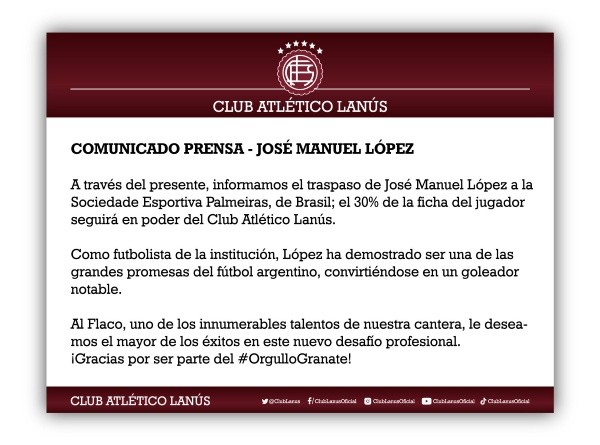 El comunicado de Lanús respecto al traspaso de López al fútbol brasileño.