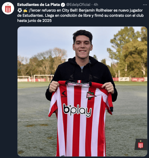 Así anunció Estudiantes la llegada de Benjamín Rollheiser.