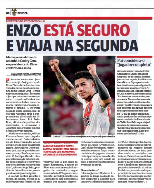 Artículo del diario Record de Portugal sobre la llegadad de Enzo Fernández.