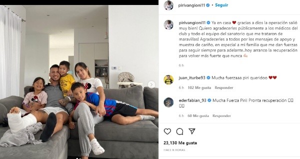 El posteo de Vangioni en su cuenta de Instagram.