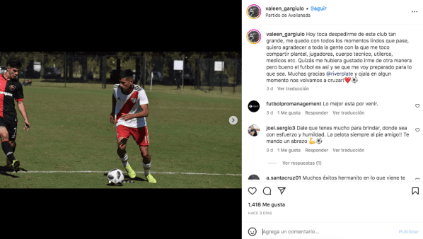 La despedida de Valentín Gargiulo en su Instagram