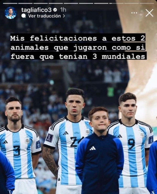 El posteo de Tagliafico en su cuenta de Instagram.