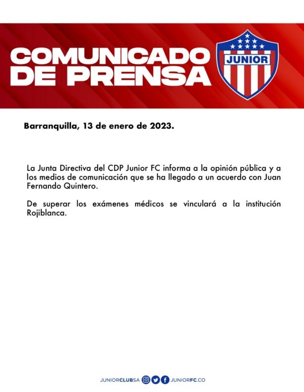 El escrito de Junior anunciando la contratación de Juanfer.