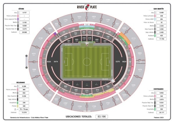 El plano actualizado con la nueva distribución de ubicaciones en el Monumental.