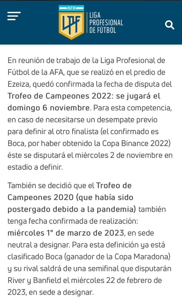 El comunicado de la Liga Profesional que quedará sin efecto.