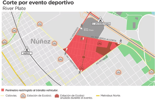 En rojo, las calles que estarán inhabilitadas durante todo el jueves.