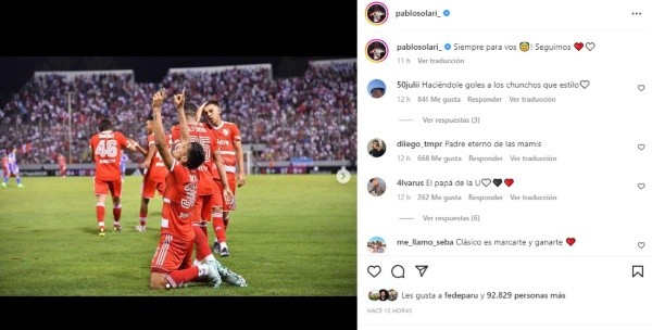 La dedicatoria de Solari en su cuenta de Instagram.